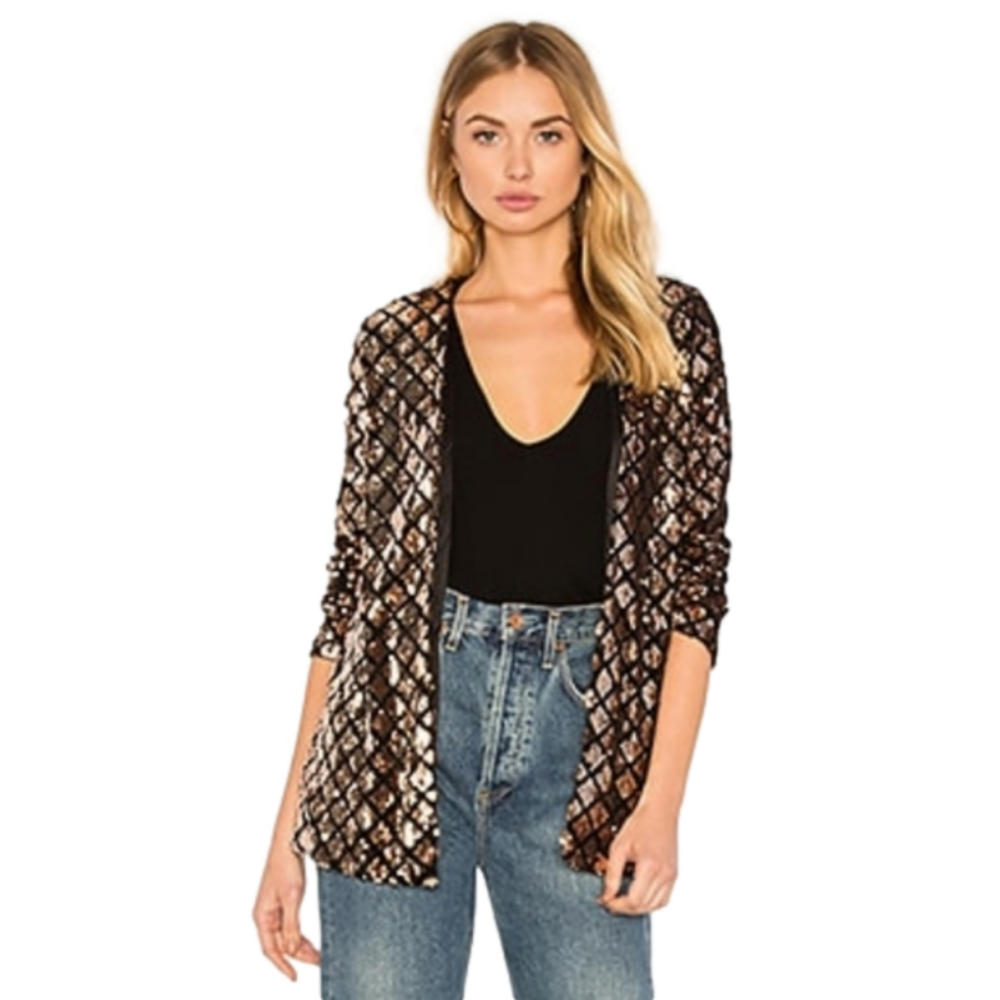 Nwt Revolve WYLDR Cross Fire Sequin Blazer in Copper Padded Shoulder Size Small